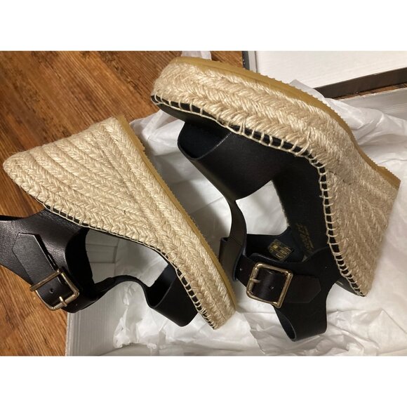 Paseart Espadrille Wedge Sandals Black Leather  Women's Size 6.5 US 37 EUR New - Picture 2 of 7